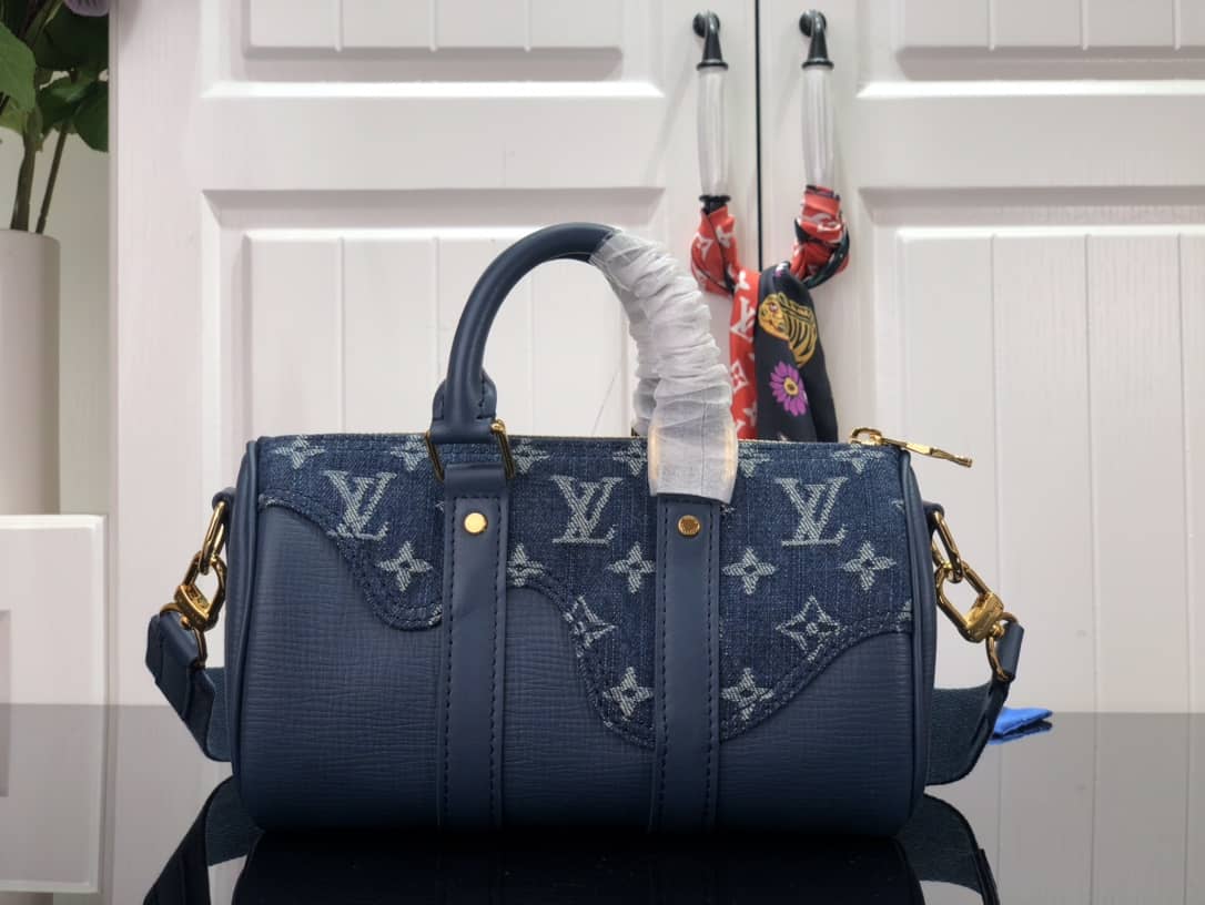 L0vis Vvtt0n x Nigo Keepall XS Leather Monogram Denim Bag Replica Blue M81011