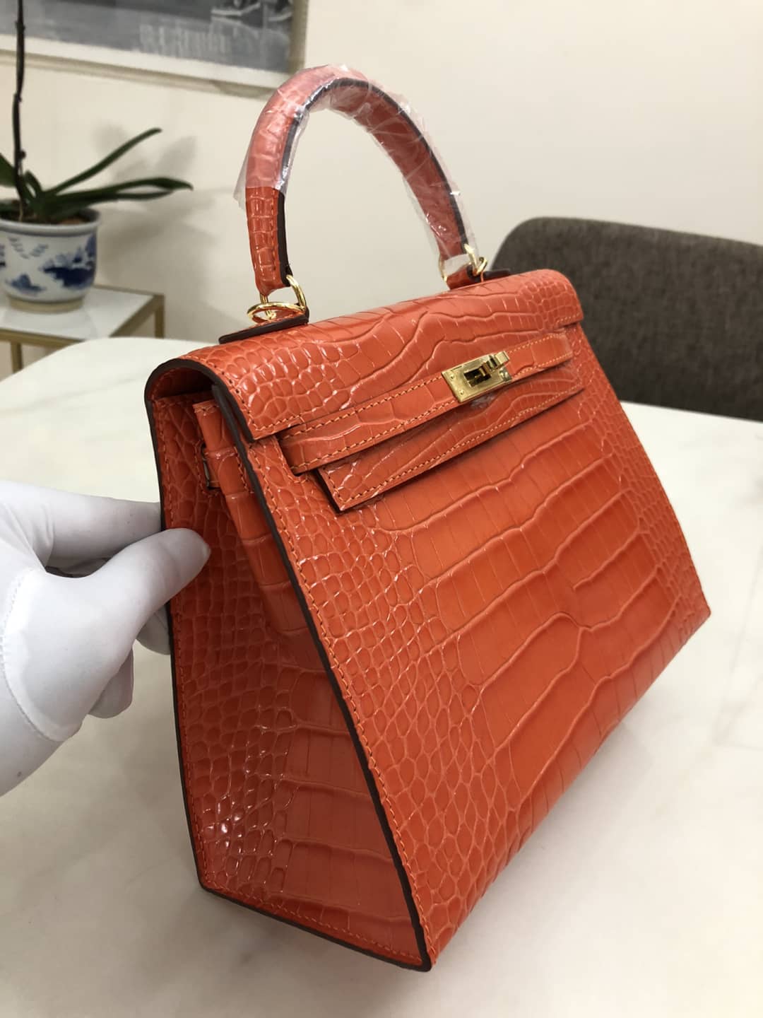 H**me5 Kelly Dupe 25CM Crocodile Shiny Replica Bag