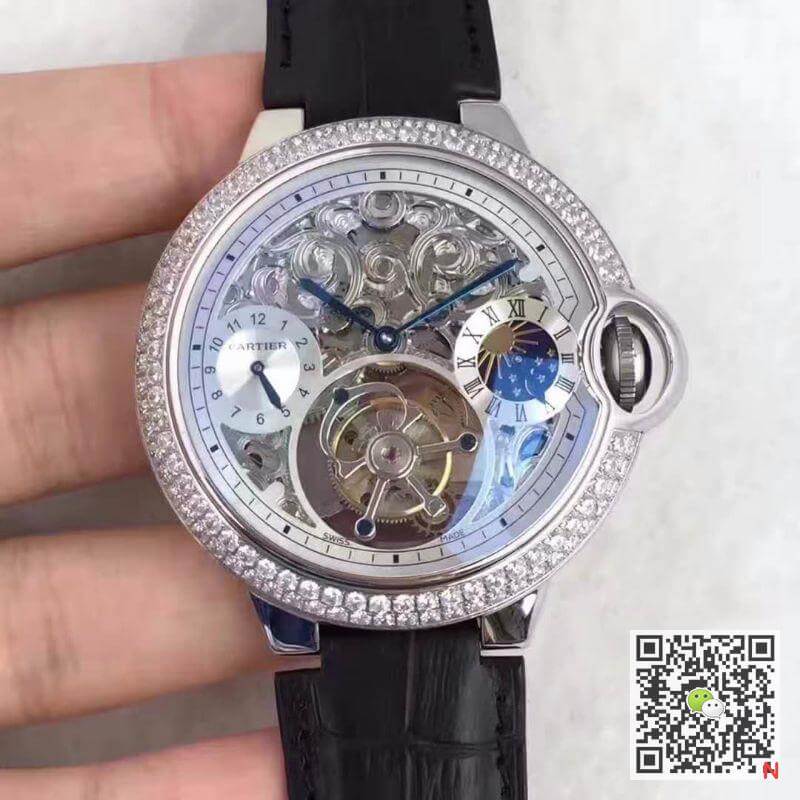 Replica Ballon Bleu De Ca*t1er Tourbillon 1:1 Best Edition Swiss Tourbillon D1am0nds bezel Black Leather Strap