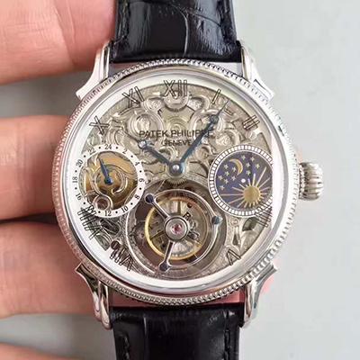 Pat*k Phi1i*pe Replica Tourbillon Moonphase 1:1 Best Edition Swiss Tourbillon Skeleton and White Dial