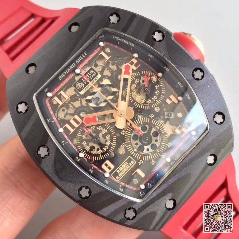 Replica Richard Mille RM011 Forged Carbon 1:1 Best Edition Swiss ETA7750 Red Rubber Strap