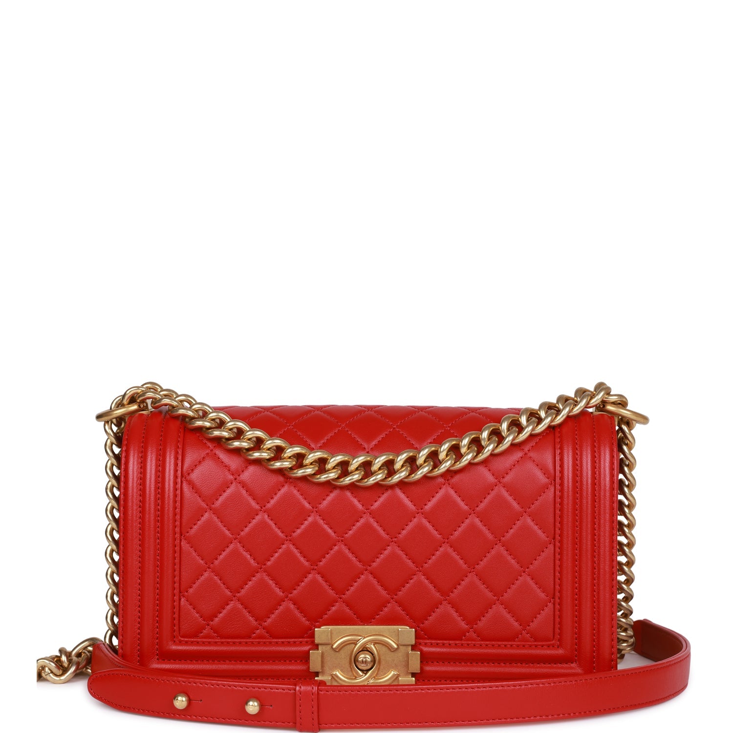 Medium Boy Bag Red Lambskin Antique Gold Hardware