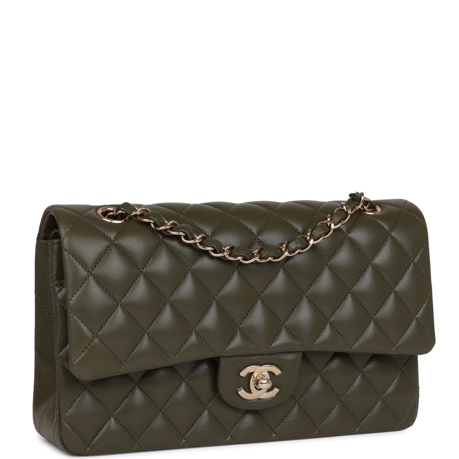Ch**el Medium Classic Double Flap Bag Olive Calfskin Light Gold Hardware