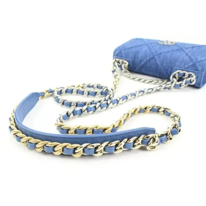 Wallet on Chain 22p Silver Gold Quilted 19 Flap Woc S126c49 Blue Denim Cross Body Bag