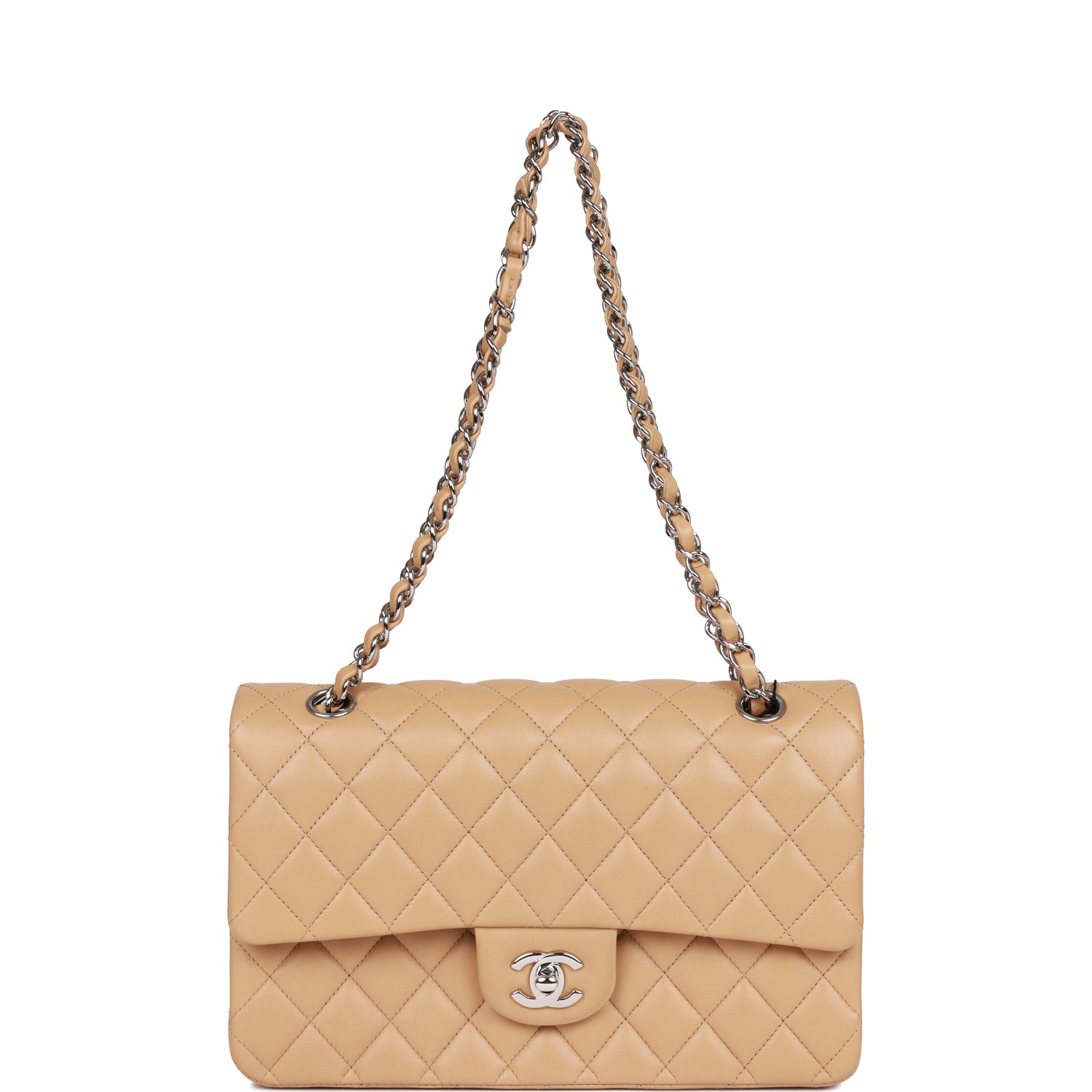 Medium Classic Double Flap Bag Beige Lambskin Silver Hardware