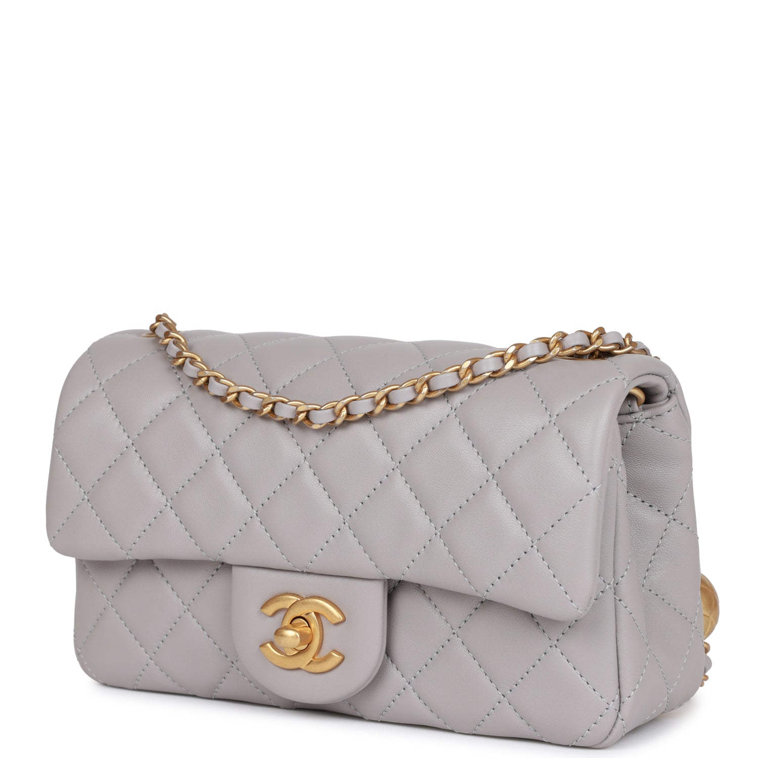 Pearl Crush Mini Rectangular Flap Bag Light Grey Lambskin Antique Gold Hardware