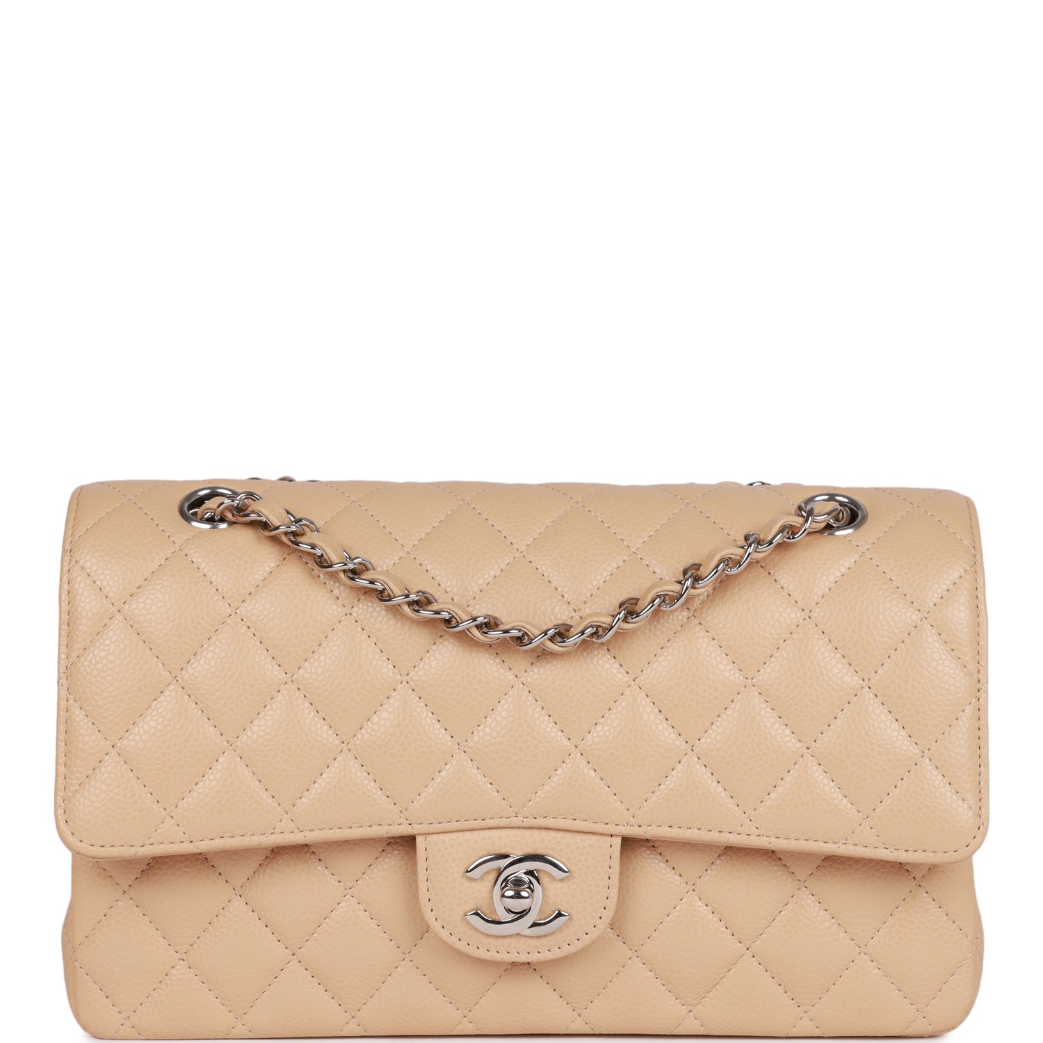 Medium Classic Double Flap Bag Beige Caviar Silver Hardware
