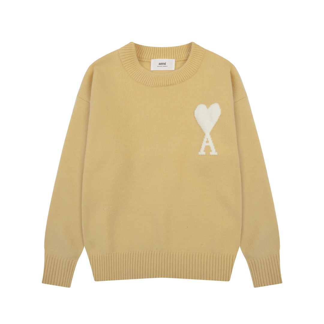AMI Paris 2024 Autumn and Winter New Collection: Big Heart Alpaca Blend Soft Waxy Knitted Round Neck Cloud Sweater (Oversize Unisex Style)